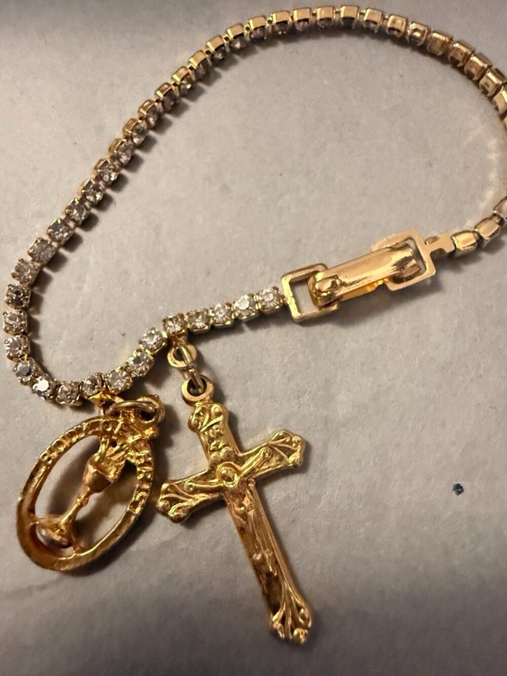 Vintage Made in USA Rhinestone Tennis Bracelet First Holy Communion Crucifix Cha